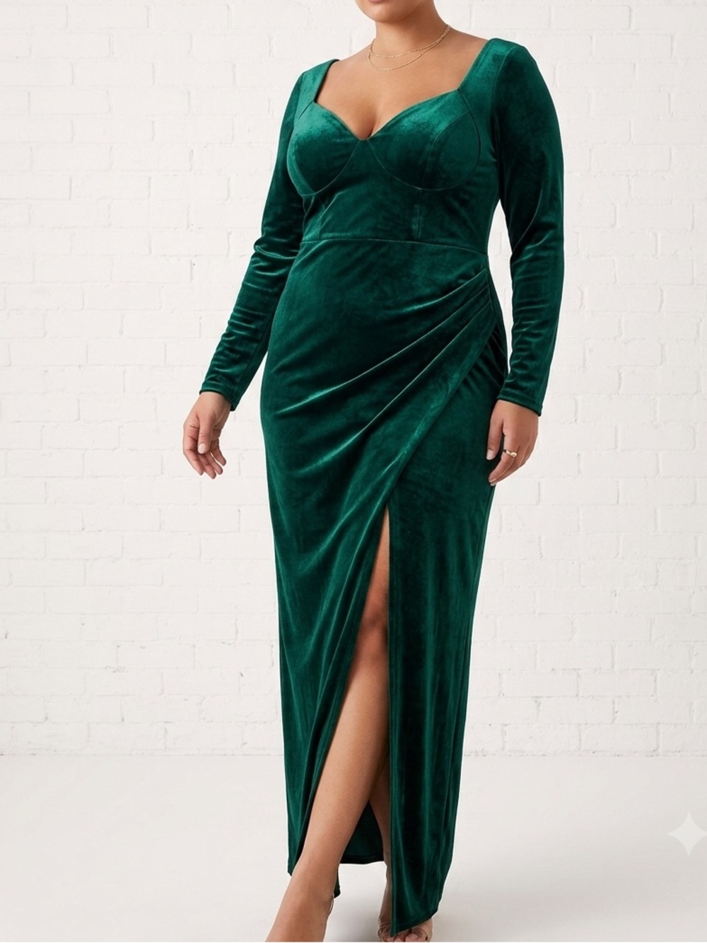 Lulus Green Velvet Maxi Dress NWT Large Long Sleeve Holiday Formal Side Slit